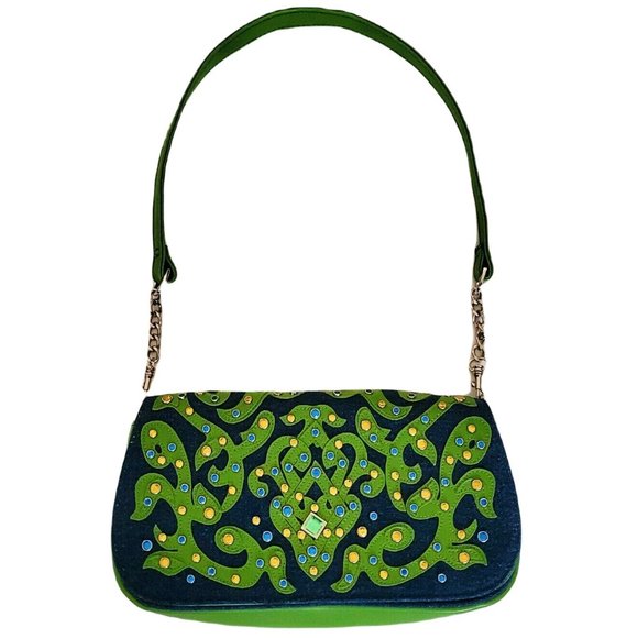 Bueno Gemstone Embellished Blue Green Denim Fabric Purse Tote Shoulder Bag - Picture 1 of 11
